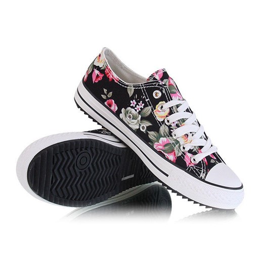 Sznurowane trampki Black Flowers /D2-2 W232 Sel1x09/ pantofelek24 czarny Spodnie