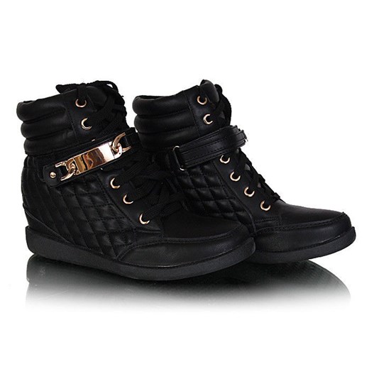 Pikowane botki sneakersy z blaszką /G10-2 W28 pn3x80/ Black pantofelek24 czarny na koturnie