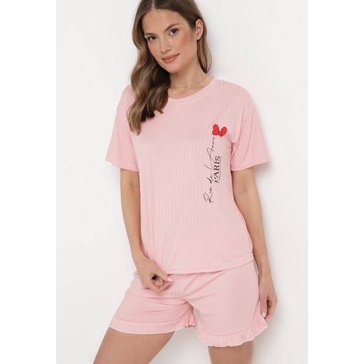 Różowy Komplet Piżamowy Koszulka z Nadrukiem i Szorty z Falbanką Sylvoria ze sklepu Born2be Odzież w kategorii Piżamy damskie - zdjęcie 168981045