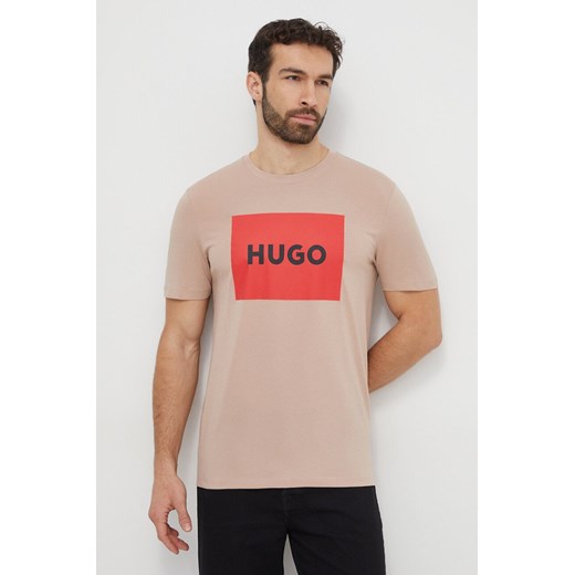 HUGO t-shirt bawełniany kolor beżowy z nadrukiem 50467952 ze sklepu ANSWEAR.com w kategorii T-shirty męskie - zdjęcie 168981775