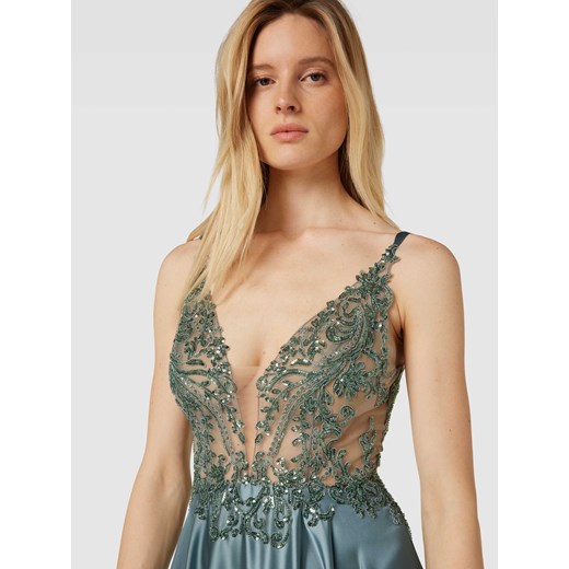 Sukienka Luxuar Fashion maxi w cekiny elegancka z dekoltem w serek na ramiączkach 