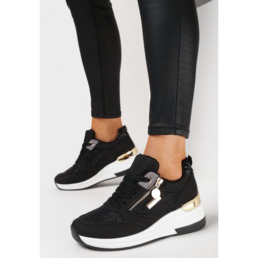 Czarne Brokatowe Sneakersy na Koturnie z Metaliczną Wstawką i Suwakiem Pianese ze sklepu born2be.pl w kategorii Buty sportowe damskie - zdjęcie 168986916