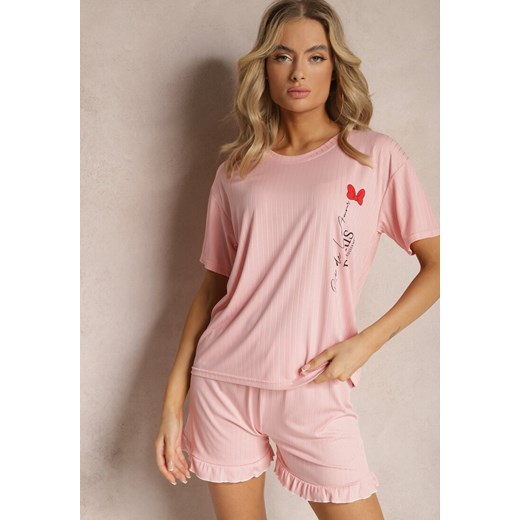 Różowy Komplet Piżamowy Szorty Wykończone Falbanką i Koszula z Nadrukiem Tyrvea ze sklepu Renee odzież w kategorii Piżamy damskie - zdjęcie 168988298