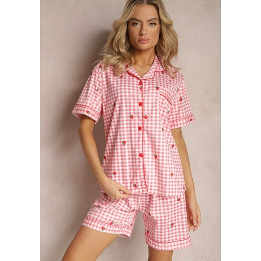 Różowo-Biały Komplet Piżamowy Koszula na Guziki i Szorty o Luźnym Fasonie w Kratę Anseli ze sklepu Renee odzież w kategorii Piżamy damskie - zdjęcie 168988318