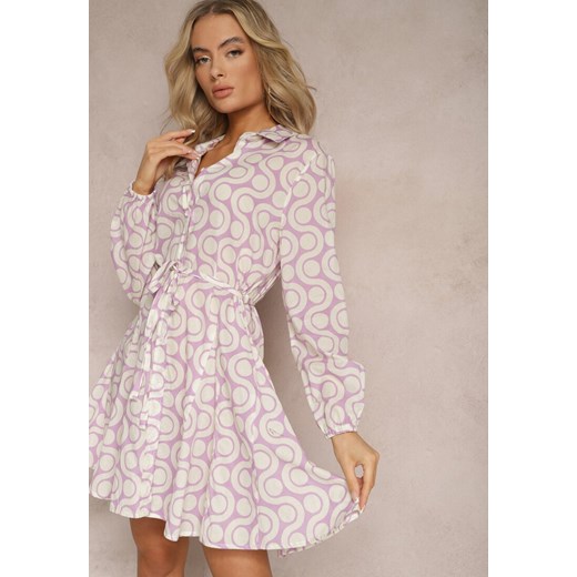 Fioletowo-Beżowa Koszulowa Sukienka z Bawełny z Geometrycznym Wzorem Vearil ze sklepu Renee odzież w kategorii Sukienki - zdjęcie 168988385