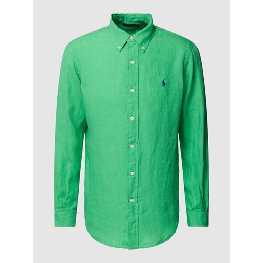 Koszula lniana o kroju custom fit z wyhaftowanym logo ze sklepu Peek&Cloppenburg  w kategorii Koszule męskie - zdjęcie 168992228