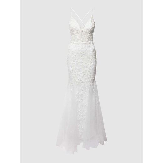 Biała sukienka Luxuar Fashion w kwiaty bez rękawów na zimę z tiulu maxi 