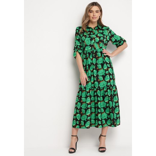 Zielono-Czarna Rozkloszowana Sukienka Maxi w Abstrakcyjne Kwiaty z Guzikami Przy Dekolcie Millara ze sklepu Born2be Odzież w kategorii Sukienki - zdjęcie 169106929