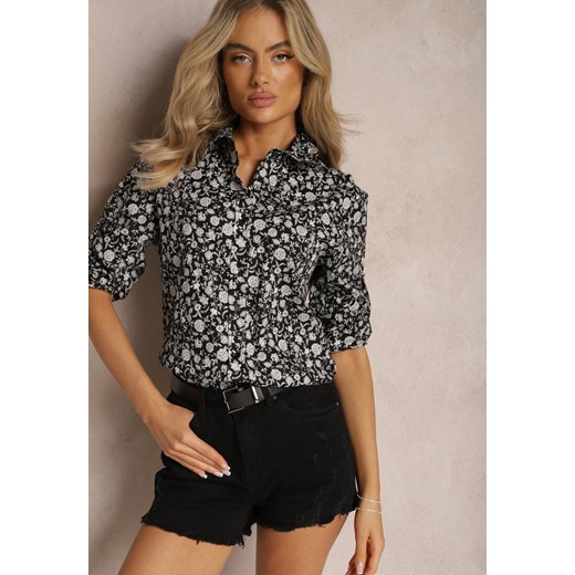 Czarna Klasyczna Koszula w Kwiaty z Asymetrycznym Tyłem Tilenise ze sklepu Renee odzież w kategorii Koszule damskie - zdjęcie 169147198