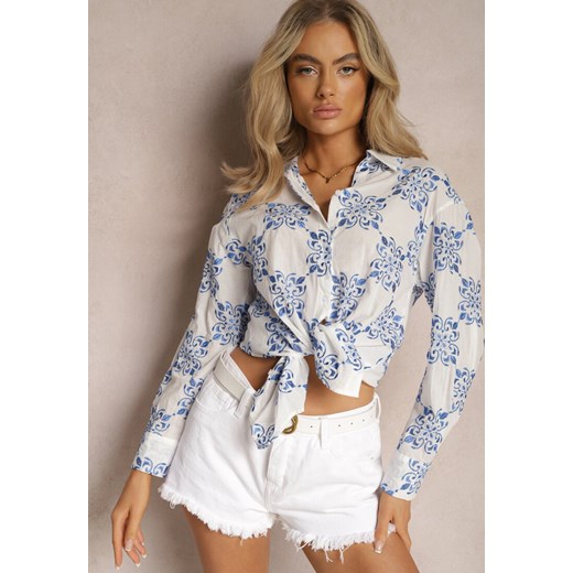 Biało-Niebieska Koszula z Bawełny Ozdobiona Haftem Zivan ze sklepu Renee odzież w kategorii Koszule damskie - zdjęcie 169147248