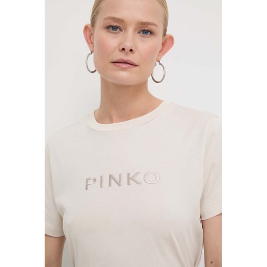 Pinko t-shirt bawełniany damski kolor beżowy 101752.A1NW ze sklepu ANSWEAR.com w kategorii Bluzki damskie - zdjęcie 169164199