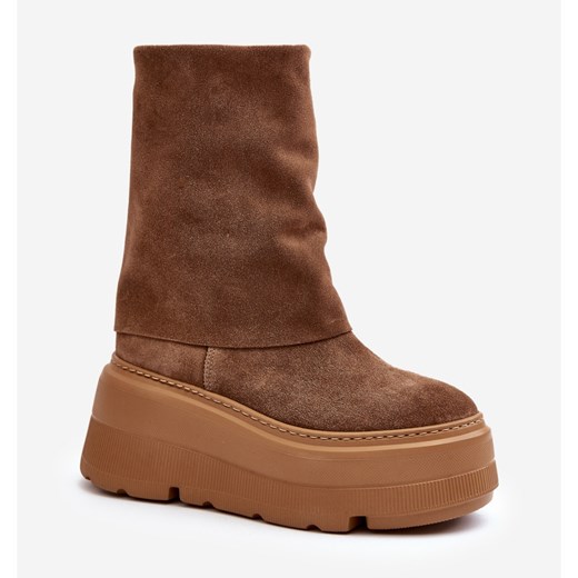 Zazoo 3410 Zamszowe Damskie Botki Na Masywnej Platformie Camel brązowe Zazoo 38 ButyModne.pl