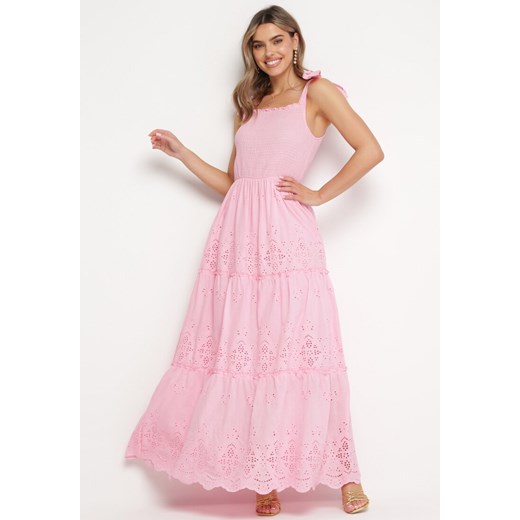 Różowa Bawełniana Sukienka Maxi z Ażurowego Materiału z Wiązanymi Ramiączkami Lariven ze sklepu Born2be Odzież w kategorii Sukienki - zdjęcie 169199969