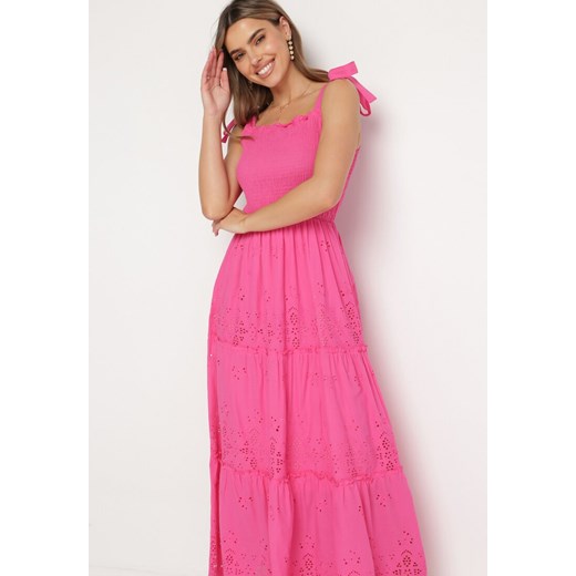 Fuksjowa Bawełniana Sukienka Maxi z Ażurowego Materiału z Wiązanymi Ramiączkami ONE SIZE promocyjna cena Born2be Odzież