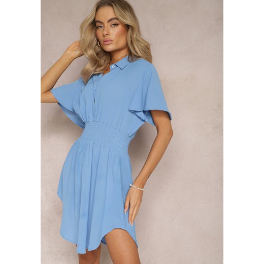 Niebieska Wiskozowa Sukienka Mini z Koszulową Górą o Rozkloszowanym Kroju Lerinka ze sklepu Renee odzież w kategorii Sukienki - zdjęcie 169206639