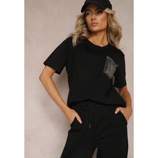 Czarny T-shirt z Naszytą Kieszonką z Cyrkoniami Relimasa ze sklepu Renee odzież w kategorii Bluzki damskie - zdjęcie 169206699