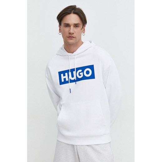 Hugo Blue bluza męska kolor biały z kapturem z nadrukiem 50522370 ze sklepu ANSWEAR.com w kategorii Bluzy męskie - zdjęcie 169242757