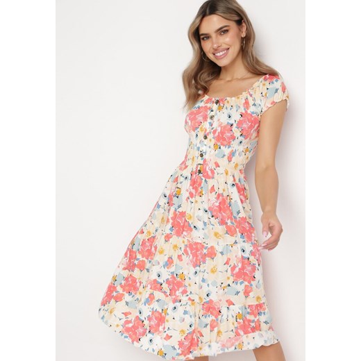 Różowa Wiskozowa Sukienka Mini z Falbanką i Kwiatowym Wzorem Exordia L promocyjna cena Born2be Odzież
