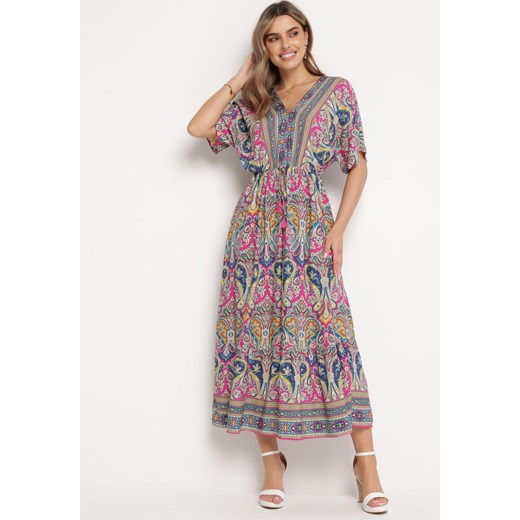 Fuksjowa Sukienka Maxi z Wiskozy w Stylu Boho z Wzorem Paisley i Gumką w Pasie M okazyjna cena Born2be Odzież