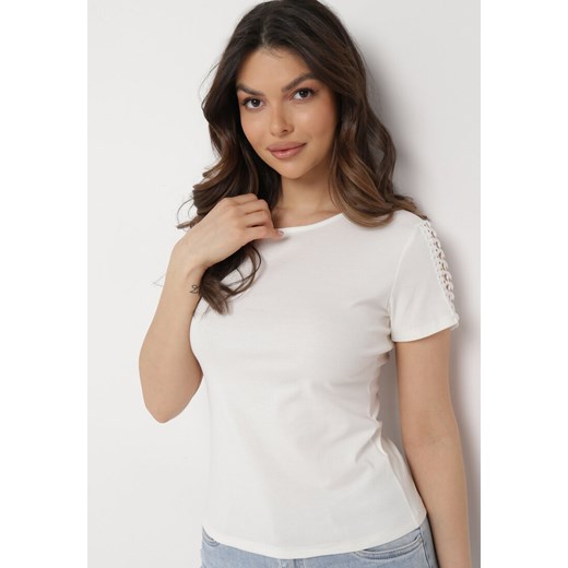 Biały Bawełniany T-shirt z Ażurową Wstawką Elvinna M/L promocja Born2be Odzież