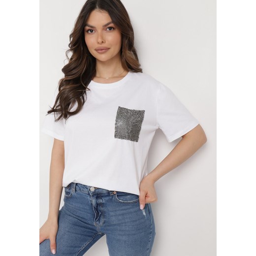 Biały T-shirt z Kieszonką Ozdobioną Cyrkoniami Ariless ze sklepu Born2be Odzież w kategorii Bluzki damskie - zdjęcie 169244606