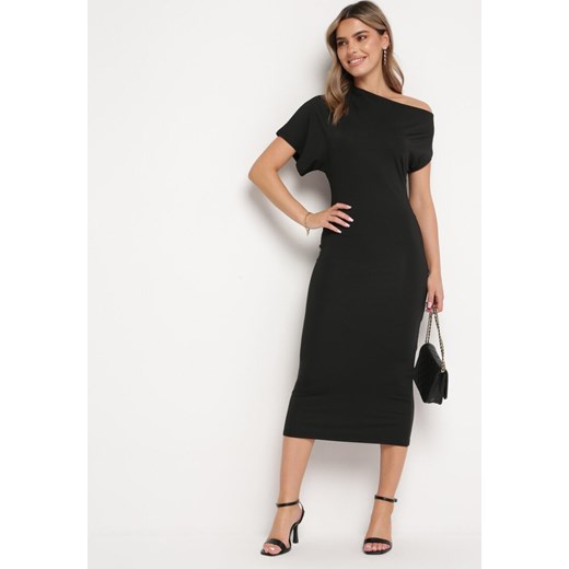 Czarna Asymetryczna Sukienka Midi o Dopasowanym Fasonie Tivalle ze sklepu Born2be Odzież w kategorii Sukienki - zdjęcie 169244635