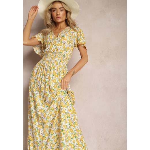 Biało-Żółta Rozkloszowana Sukienka Maxi z Wiskozy w Kwiaty z Kopertowym Dekoltem Tiantia ze sklepu Renee odzież w kategorii Sukienki - zdjęcie 169245575