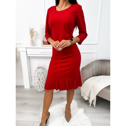 Czerwona Sukienka z Plisowaną Falbanką ze sklepu ModnaKiecka.pl w kategorii Sukienki - zdjęcie 169254096