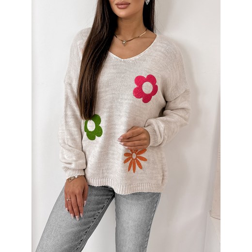 Sweter damski Ubra w kwiaty z dekoltem w literę v 