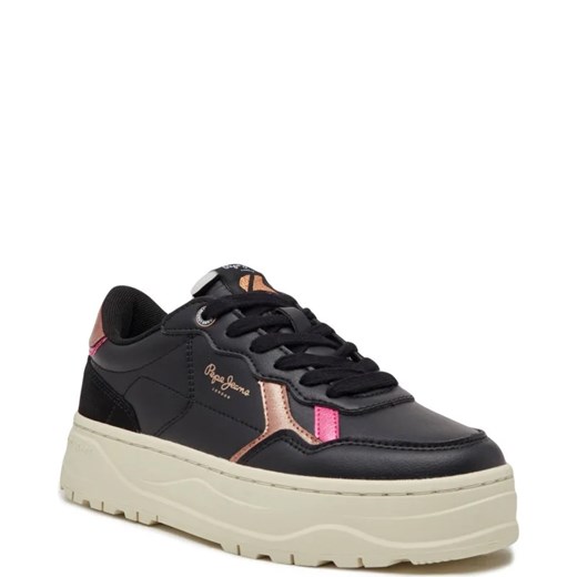 Buty sportowe damskie Pepe Jeans z tworzywa sztucznego czarne sznurowane na platformie