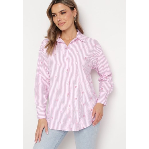 Różowa Bawełniana Koszula w Paski z Haftowanymi Sercami Larnieka ze sklepu Born2be Odzież w kategorii Koszule damskie - zdjęcie 169317666