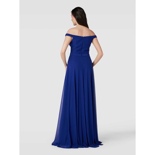 Troyden Collection sukienka niebieska elegancka z krótkimi rękawami w serek z odkrytymi ramionami 