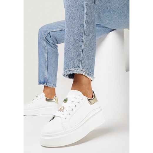 Biało-Złote Sneakersy na Grubej Podeszwie z Kwiatami i Cyrkoniami Silvaema ze sklepu born2be.pl w kategorii Buty sportowe damskie - zdjęcie 169321399