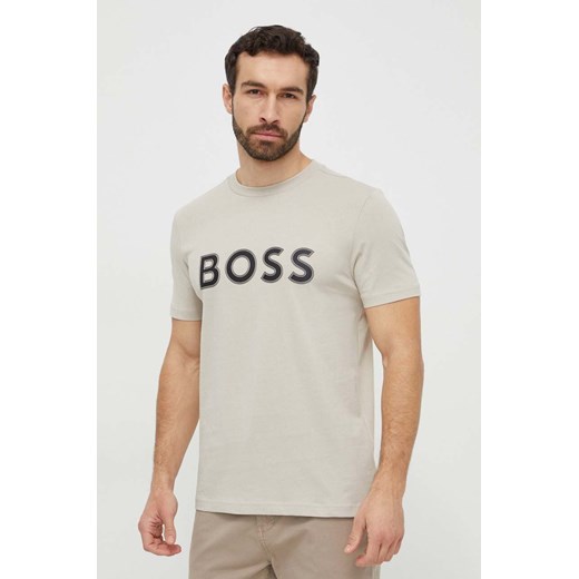 Boss Green t-shirt bawełniany męski kolor beżowy z aplikacją ze sklepu ANSWEAR.com w kategorii T-shirty męskie - zdjęcie 169329159