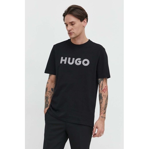 HUGO t-shirt bawełniany męski kolor czarny z aplikacją 50509958 ze sklepu ANSWEAR.com w kategorii T-shirty męskie - zdjęcie 169329245