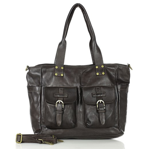 Torba skórzana shopper XL na ramię z dwoma kieszeniami MARCO MAZZINI ciemny brąz ze sklepu Verostilo w kategorii Torby Shopper bag - zdjęcie 169369855