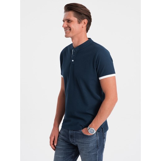 Koszulka męska polo bez kołnierzyka - granatowa V4 OM-TSCT-0156 ze sklepu ombre w kategorii T-shirty męskie - zdjęcie 169390396