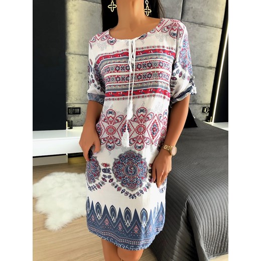 Biała Sukienka z Azteckim Wzorem Modnakiecka.pl 44 ModnaKiecka.pl