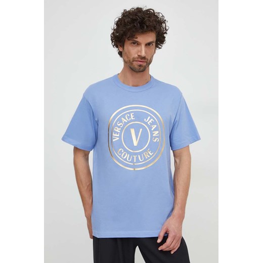 Versace Jeans Couture t-shirt bawełniany męski kolor niebieski z nadrukiem 76GAHT04 CJ00T ze sklepu ANSWEAR.com w kategorii T-shirty męskie - zdjęcie 169407399