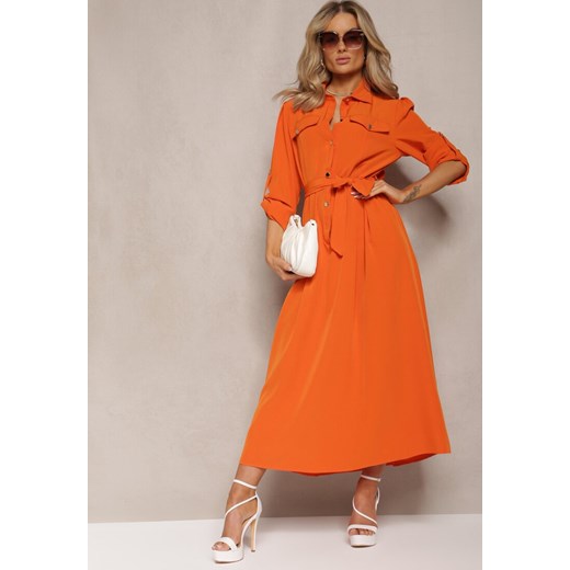 Pomarańczowa Długa Sukienka z Rozkloszowanym Dołem i Koszulową Górą Kitesi ze sklepu Renee odzież w kategorii Sukienki - zdjęcie 169421247