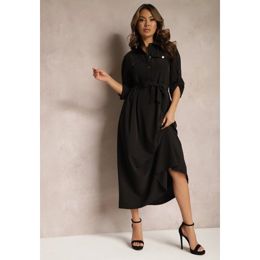 Czarna Długa Sukienka z Rozkloszowanym Dołem i Koszulową Górą Kitesi ze sklepu Renee odzież w kategorii Sukienki - zdjęcie 169421267
