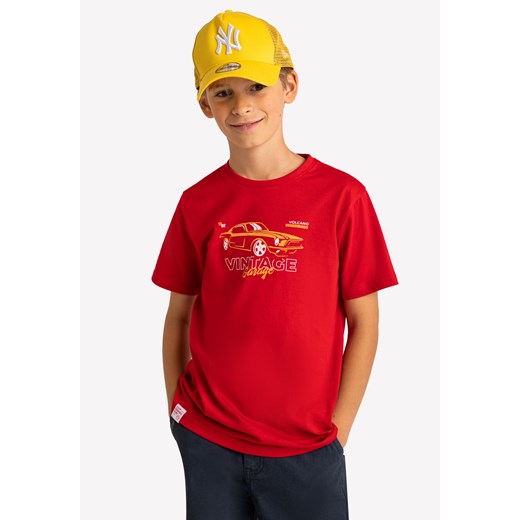Czerwony t-shirt chłopięcy z nadrukiem samochodu T-FURIOS JUNIOR ze sklepu Volcano.pl w kategorii T-shirty chłopięce - zdjęcie 169422298