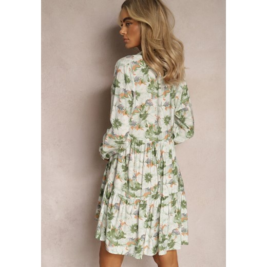 Beżowo-Zielona Sukienka Mini w Kwiatowy Wzór z Szeroką Falbanką na Dole Faeyra ze sklepu Renee odzież w kategorii Sukienki - zdjęcie 169431527