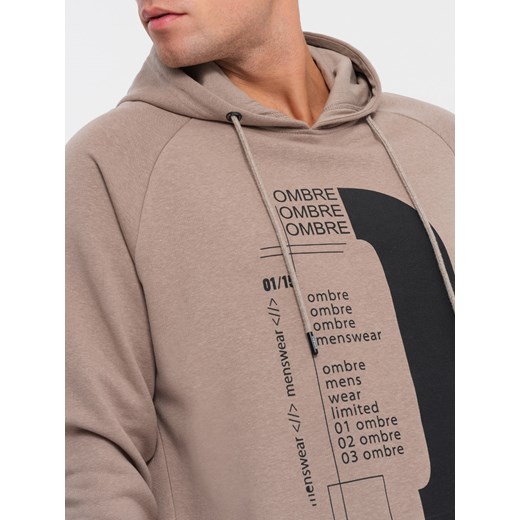 Męska bluza z nadrukiem HOODIE - ciemnobeżowa V2 OM-SSPS-0152 M ombre