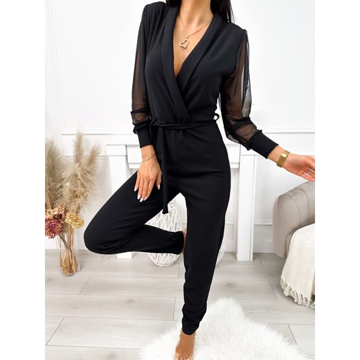 Czarny Kombinezon z Ozdobnym Rękawem Modnakiecka.pl 38 ModnaKiecka.pl