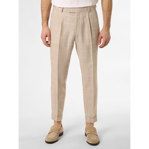 BOSS Spodnie z zawartością lnu - Louis-MM-C-233 Mężczyźni Regular Fit len beżowy w kratkę ze sklepu vangraaf w kategorii Spodnie męskie - zdjęcie 169450869