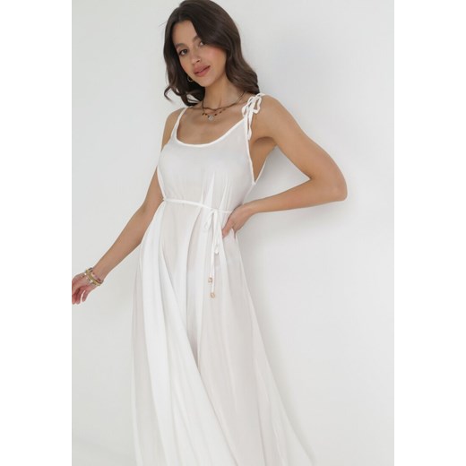 Biała Trapezowa Sukienka z Wiązanymi Ramiączkami i Sznurkiem w Talii Feminia M Born2be Odzież okazyjna cena