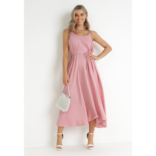 Różowa Trapezowa Sukienka z Wiązanymi Ramiączkami i Sznurkiem w Talii Feminia ze sklepu Born2be Odzież w kategorii Sukienki - zdjęcie 169450926