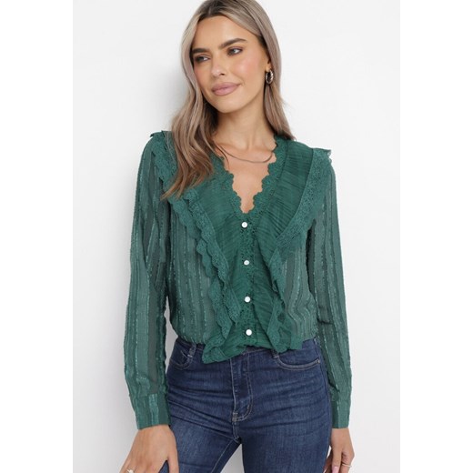 Zielona Koszula z Falbankami i Ażurową Koronką Fairwillow ze sklepu Born2be Odzież w kategorii Koszule damskie - zdjęcie 169451285