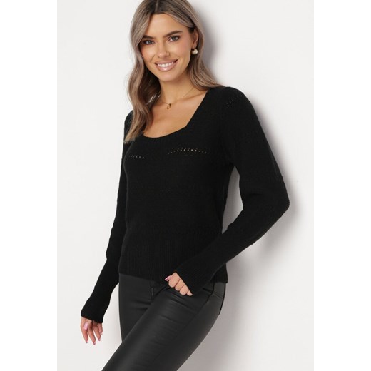 Czarny Sweter z Ozdobnym Ażurowym Wzorem i Ściągaczami Nativi ze sklepu Born2be Odzież w kategorii Swetry damskie - zdjęcie 169451415